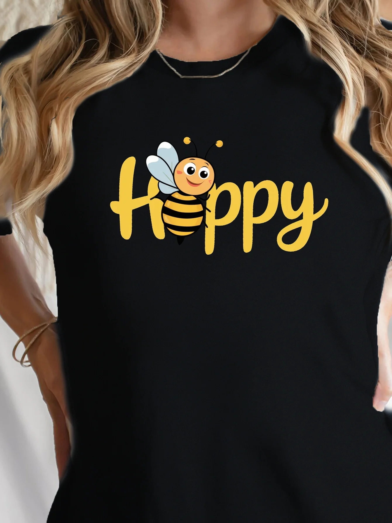 Cute Happy Letter Joyful Bee Pattern Printed Summer Casual Women's Short Sleeve Round Neck T-shirt Daily Top Women's Clothing