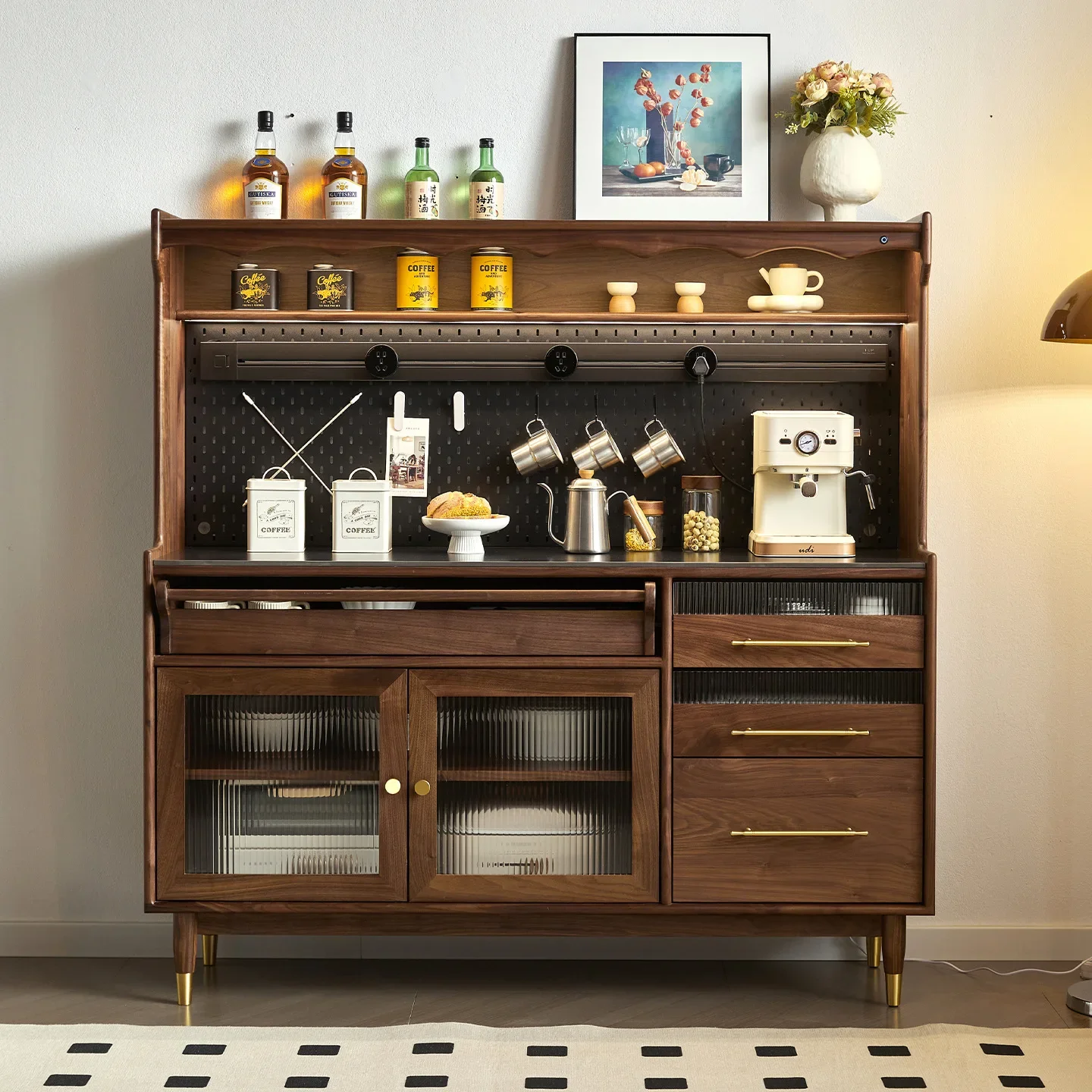 North American black walnut dining side cabinet simple solid wood integrated wall storage locker guest restaurant