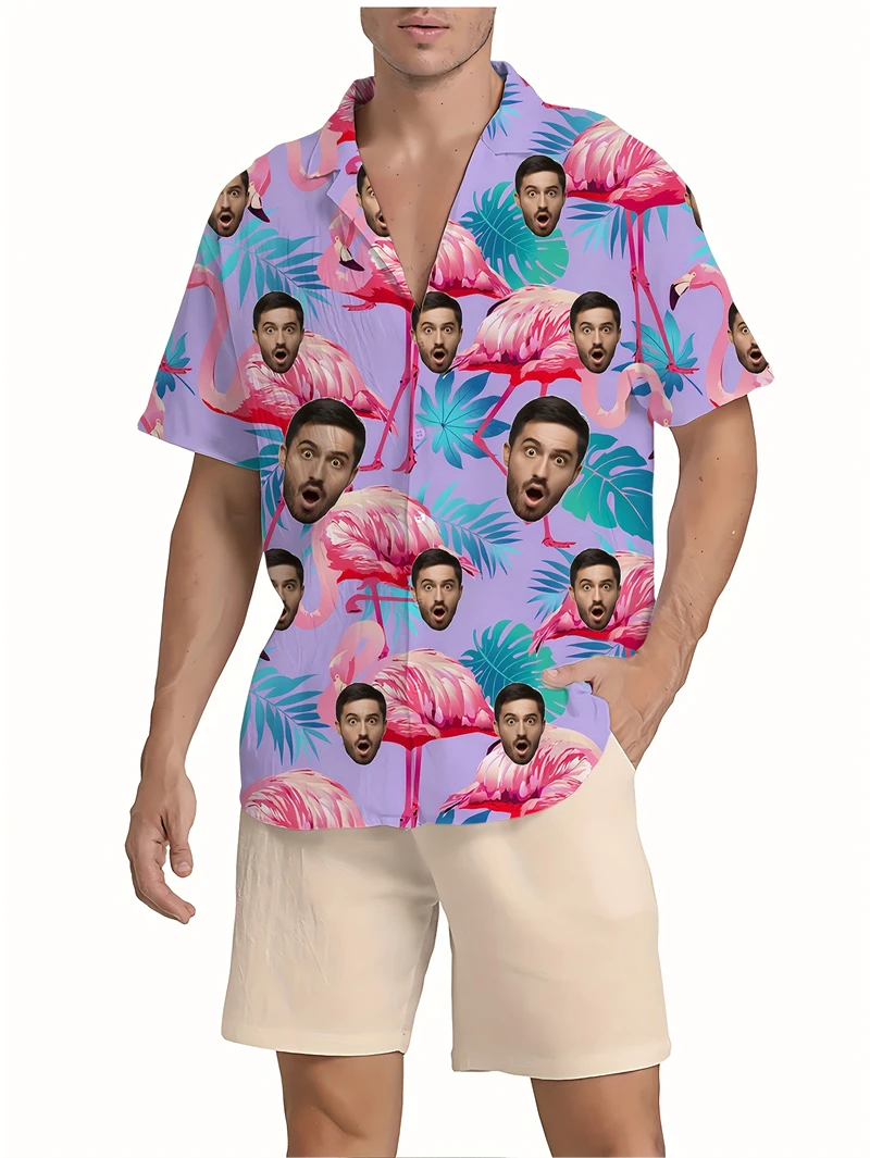 

Personalized Pet Hawaiian Man Shirts Women Custom Face Flamingo Graphic Beach Party Button Down Tops Team Shirt Clothing
