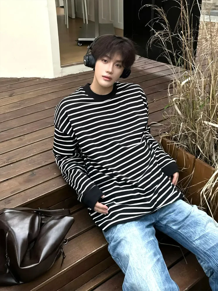 

Мужская толстовка в стиле ретро с американскими полосками, с длинным рукавом, из плотной износостойкой ткани, с круглым вырезом, повседневная, осенняя одежда