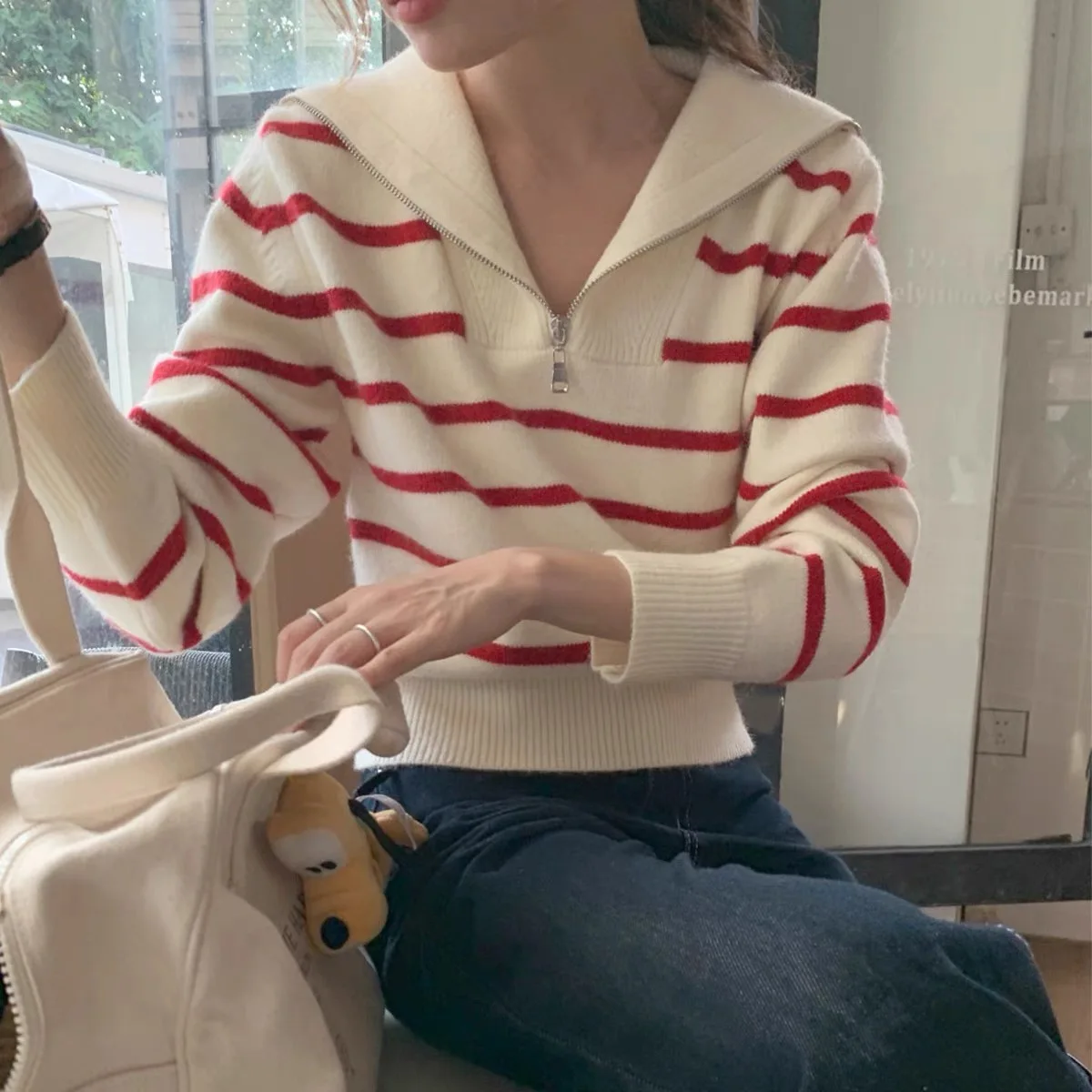 Korean Chic Autumn Winter Retro Elegant Zip Sailor Collar Knit Women Pullover Loose Casual Versatile Long Sleeve Striped Sweater