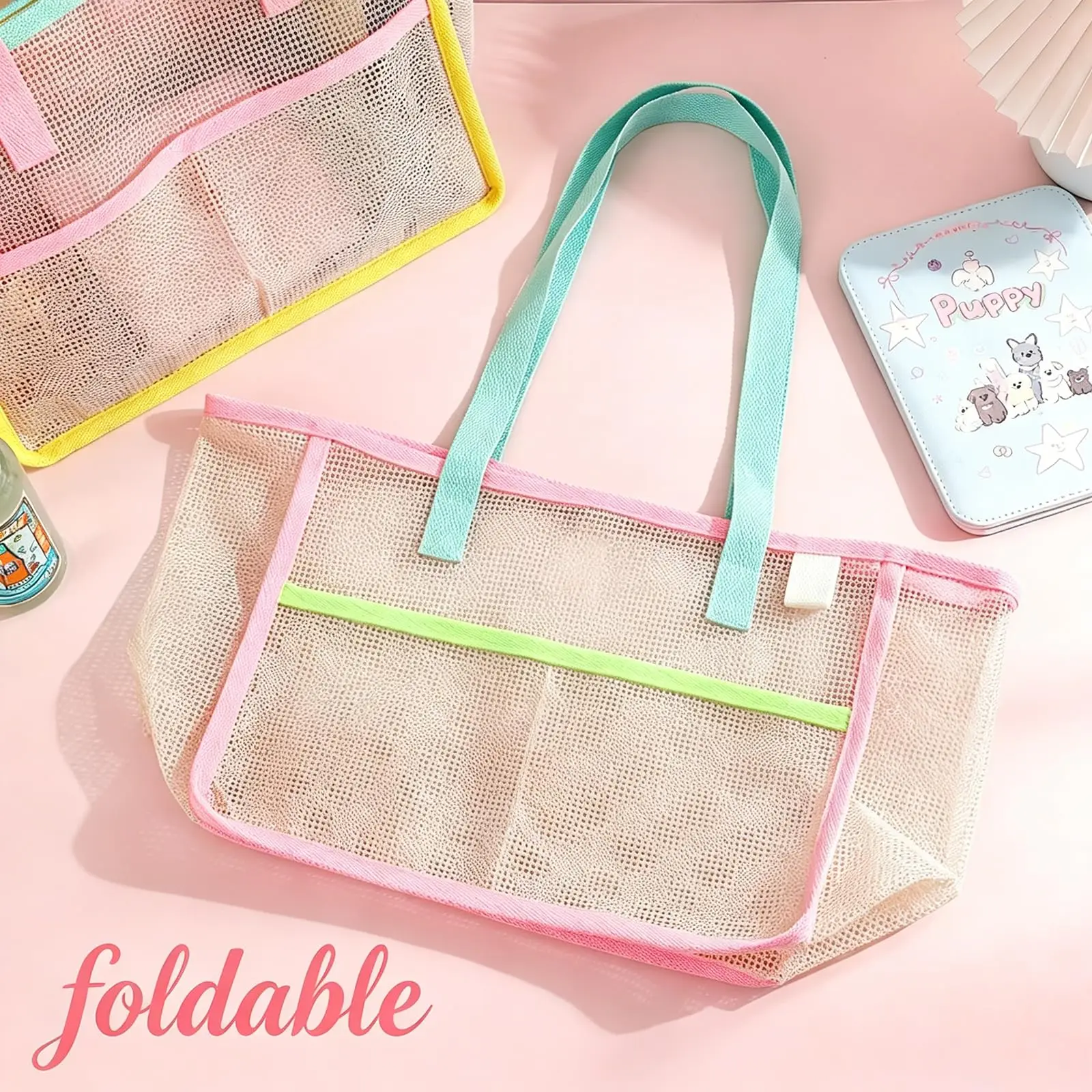Beach Bags for Women Colorful Foldable Net Sand Tote Bag Travel Pool Storage Pocket for Beach Accessories view 4