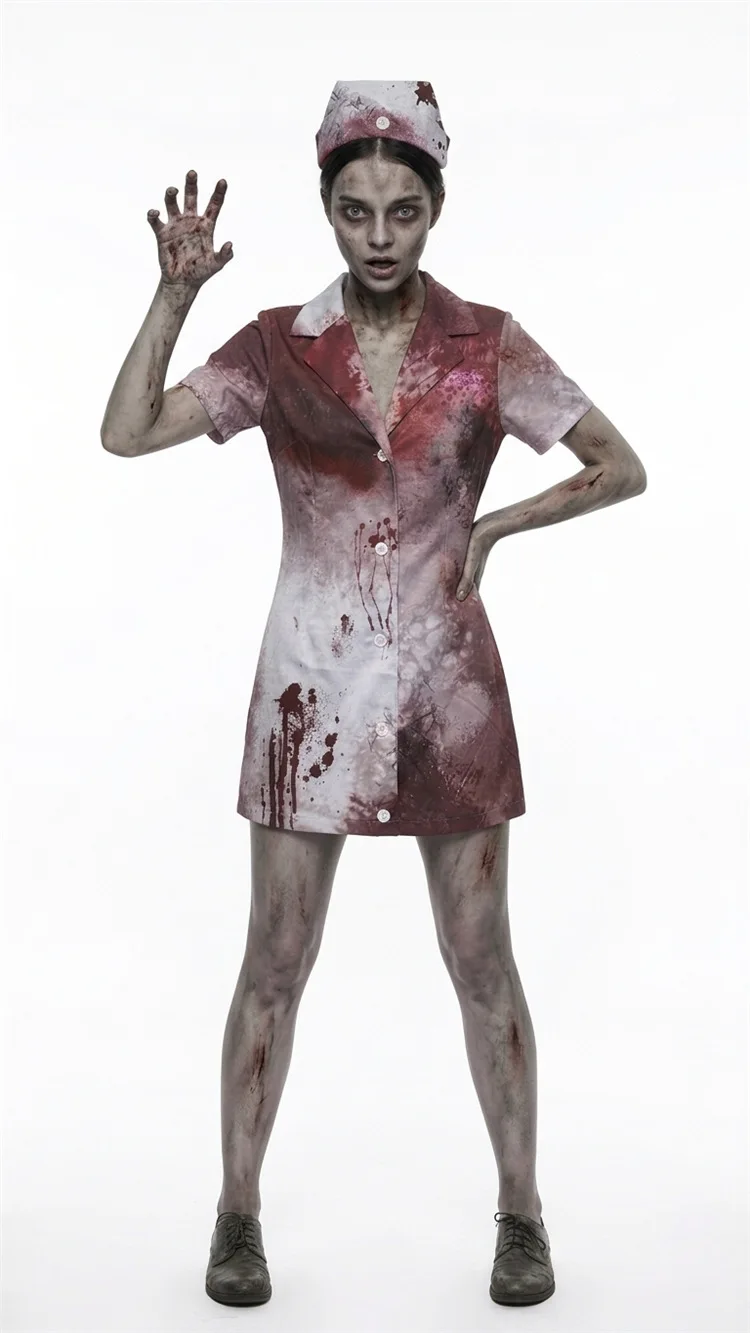 Halloween Blutfleckiges Krankenschwester-Kostüm, Gruseliges Bühnen-Cosplay-Kostüm für Frauen, Zombie-Spiel-Thema-Kleid, Rollenspiel-Performance, Fantasie-Outfit 2026 – Detail 4