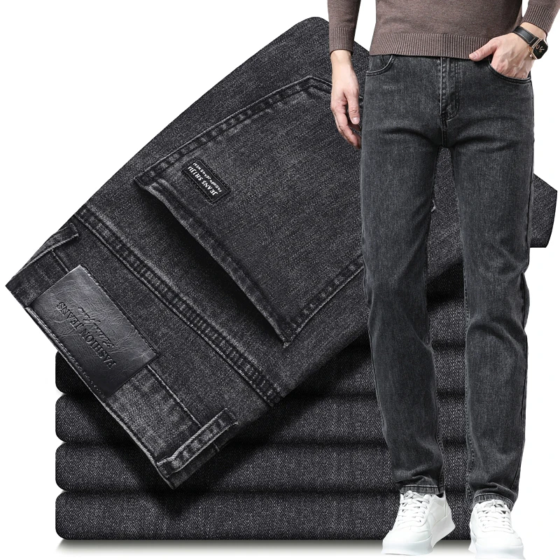 2025 Elastic Business Washed Jeans Model Autumn and Winter Thick Baggy  Denim Black Grey Colors Y2k Clothes Men