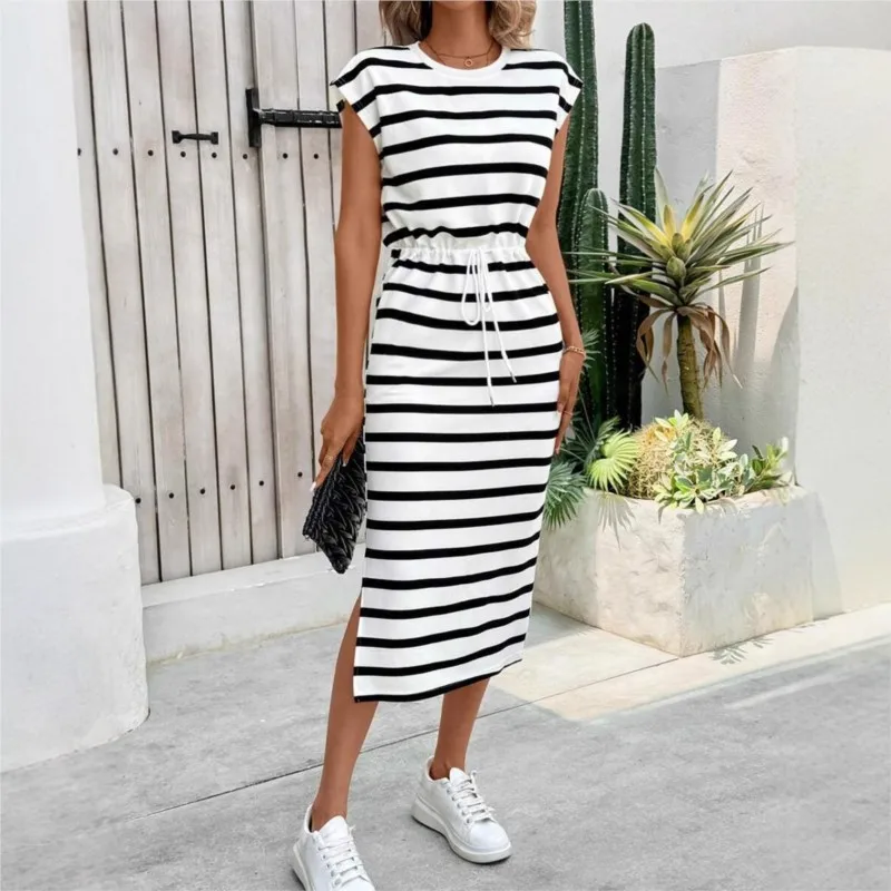 

Casual Stripe Rotary Sleeves Midi Dress Slimming New Style Summer Women's Fashionable High Waist Lace-up Chic Holiday Dress Robe