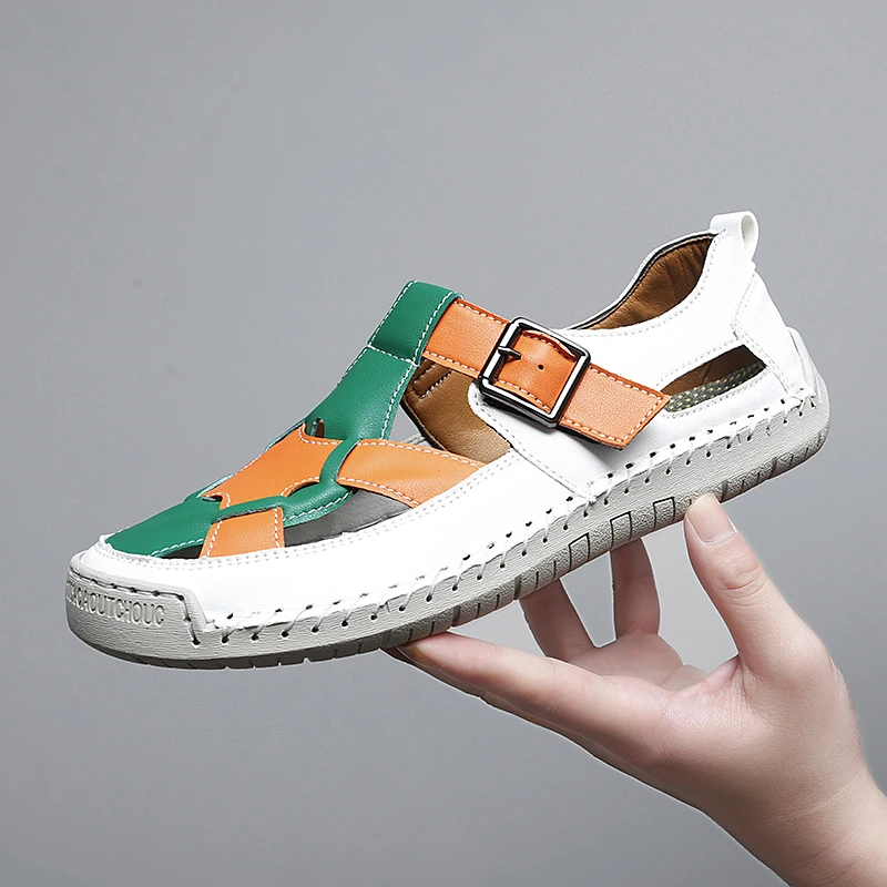 Sandalias de Mujer, Zapatos de verano hechos a mano, costura a la moda, cuero genuino, punta cubierta, Zapatos informales suaves para caminar, Plataforma para Mujer