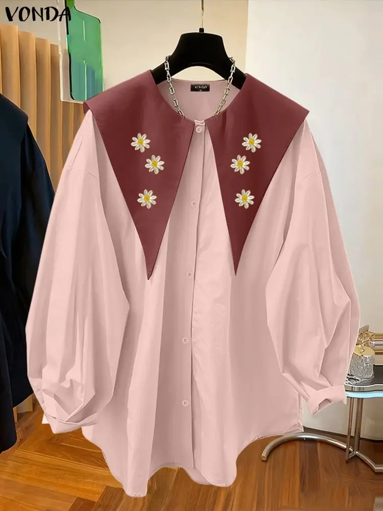VONDA, camisas con bordado Floral a la moda, blusas elegantes con solapa de manga larga para mujer, Tops tipo túnica holgados informales para primavera 2026, Blusa Vintage