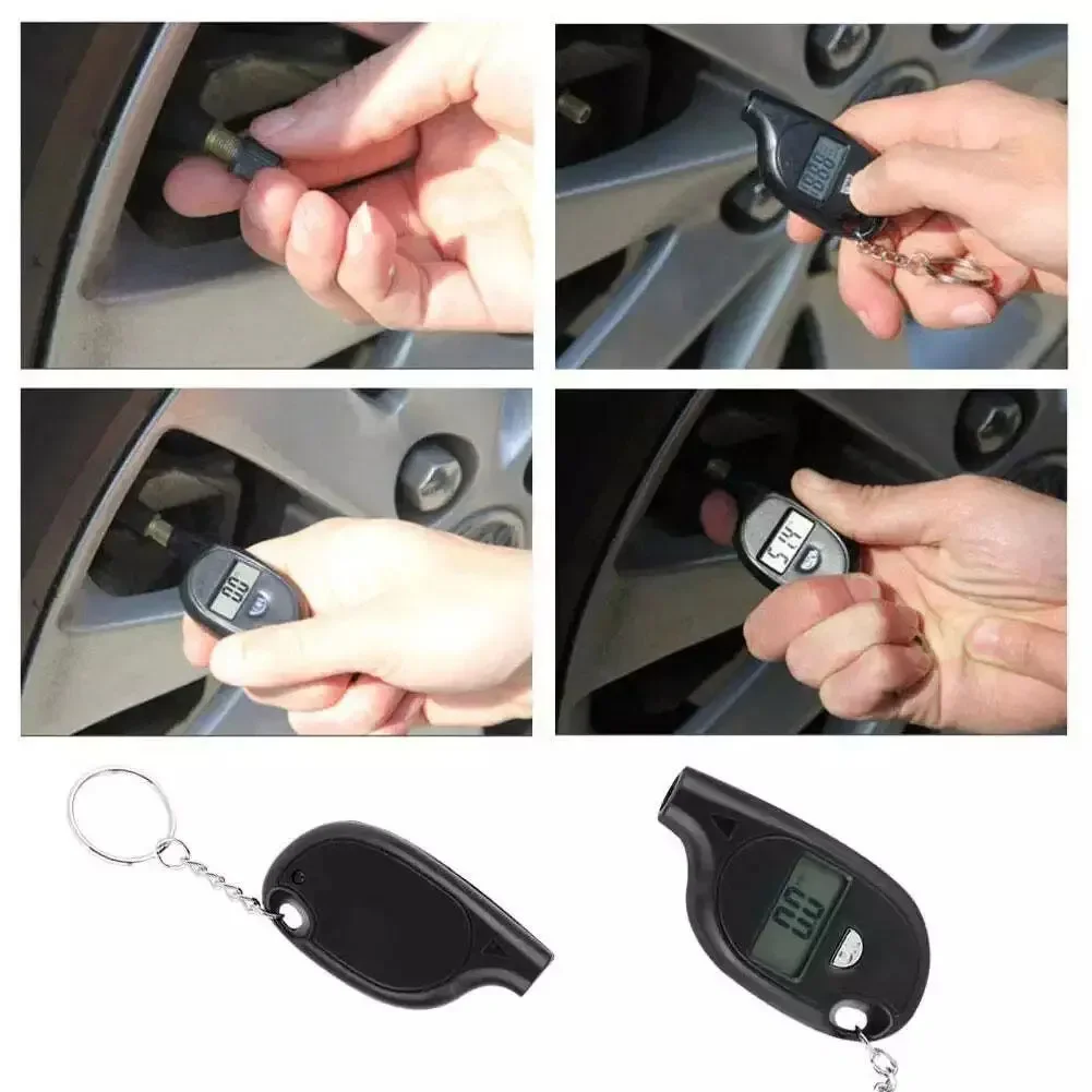 Car Keychain Tire Gauge LCD Display Tire Tester Four Units PSI Kpa Bar Cm2 Super Mini Size Key Ring Attachment