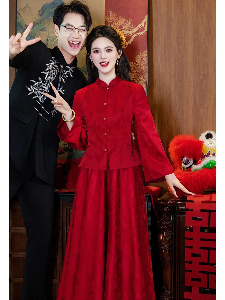 

Красное традиционное китайское свадебное платье с длинными рукавами для церемонии помолвки, элегантное женское платье для торжественных мероприятий