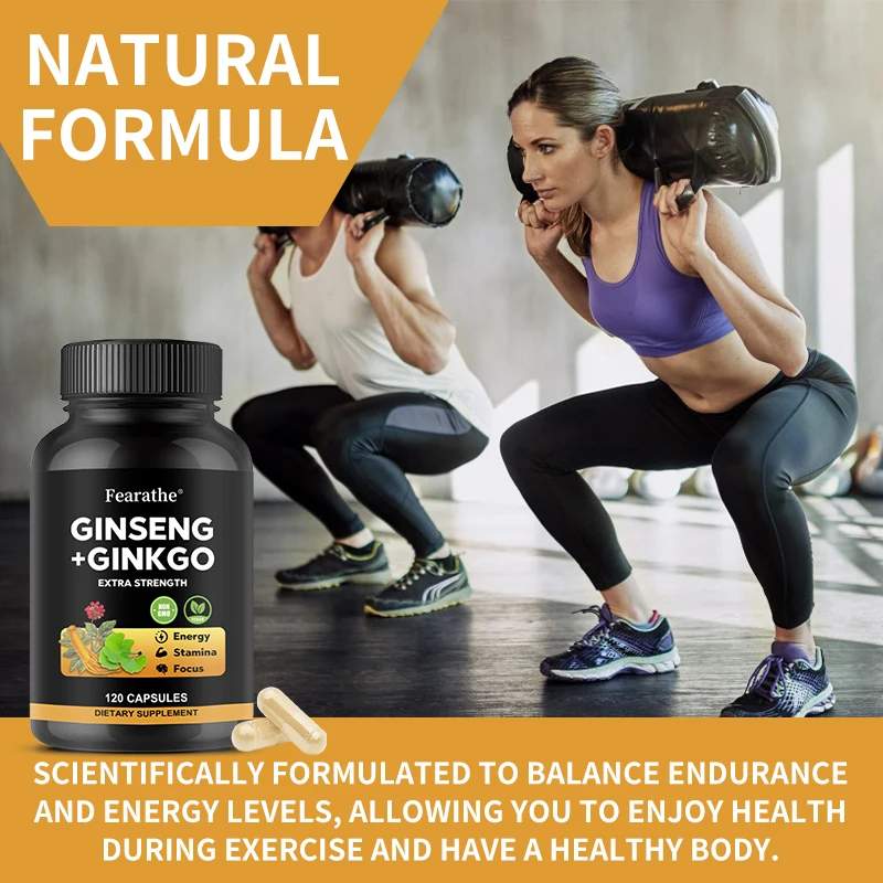 Korean Ginseng+ Ginkgo, 120 Veggie Caps, Ginseng Root Extract 1650mg (10% Ginsenosides) + Ginkgo, Energy & Focus for Men & Women