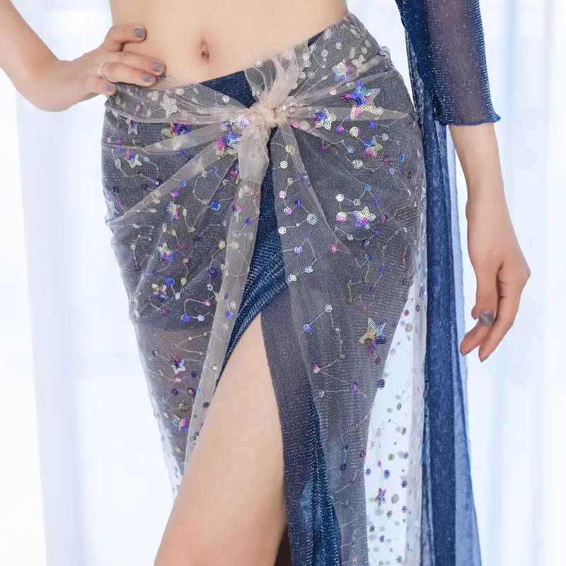 New Belly Dance Top Skirt 2 Piece Set Sequin Embroidery Mesh Hip Scarf Skirt Sexy Elegant Fairy Belly Dance Exercise Suit Blue