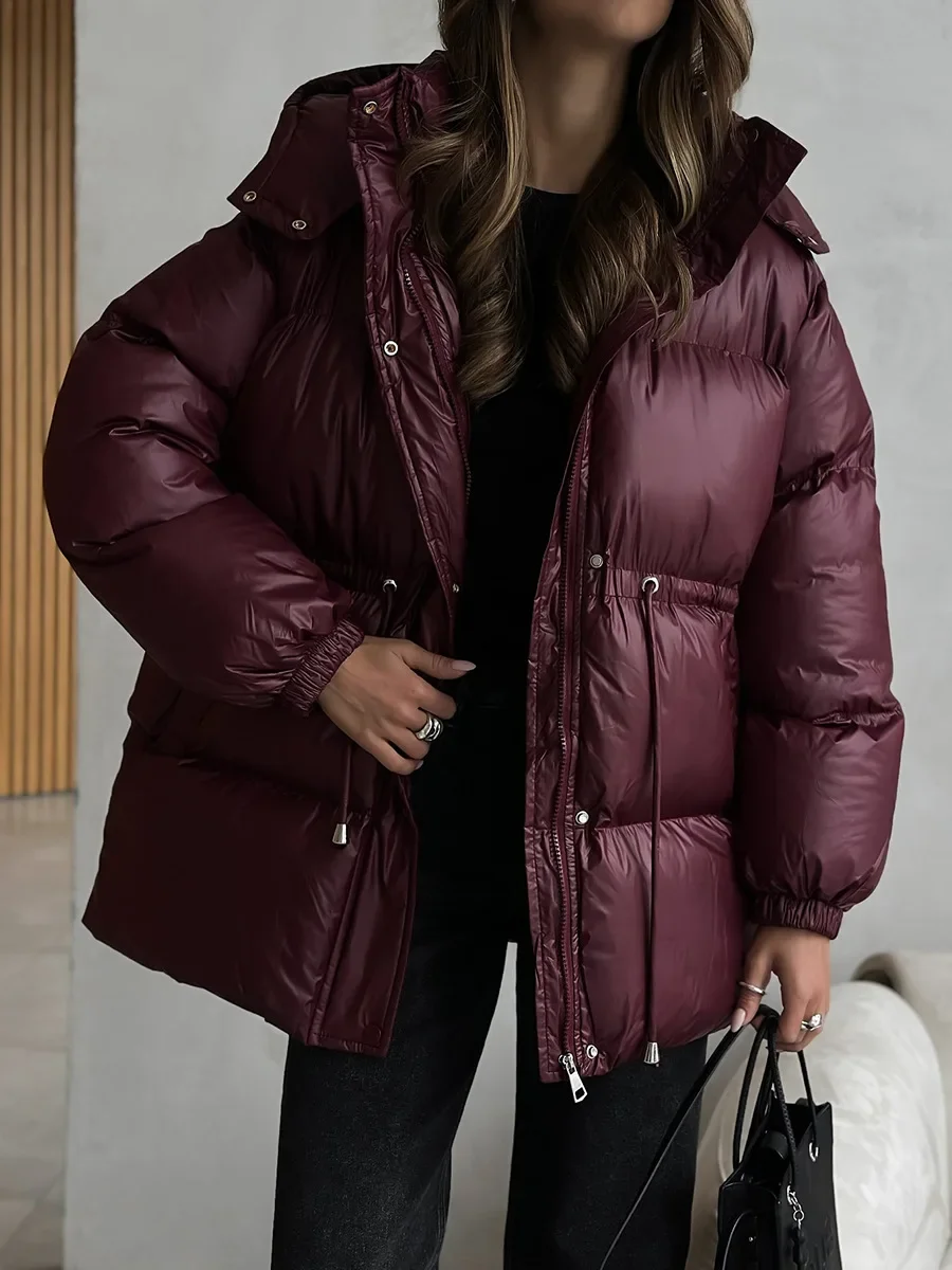 Fmxires 2025 Nuova giacca in cotone slim fit con coulisse Giacca invernale da donna in cotone con cerniera con cappuccio Comoda giacca da pane calda