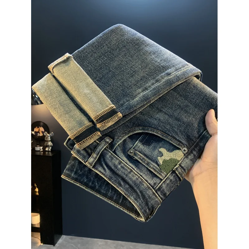 Осень 2024, новые синие модные джинсы в стиле ретро, мужские универсальные уличные модные повседневные эластичные брюки на маленьких ножках