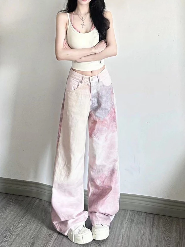 Women's Pink Y2k Jeans Harajuku 2000s 90s Aesthetic Streetwear Baggy Tie-Dyed Denim Trousers Jean Pants Vintage Trashy Clothes