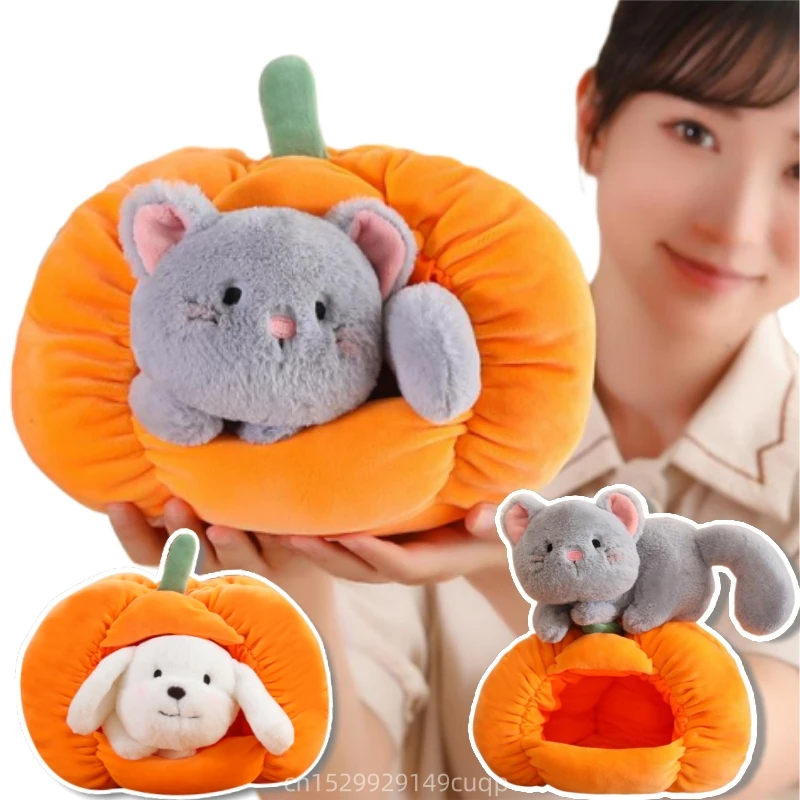 

Cute Dog Cat Into Pumpkin Nest Soft Stuffed Pillow Sofa Decor Children Birthday Gift Anime Plush Toys Halloween Creative Doll