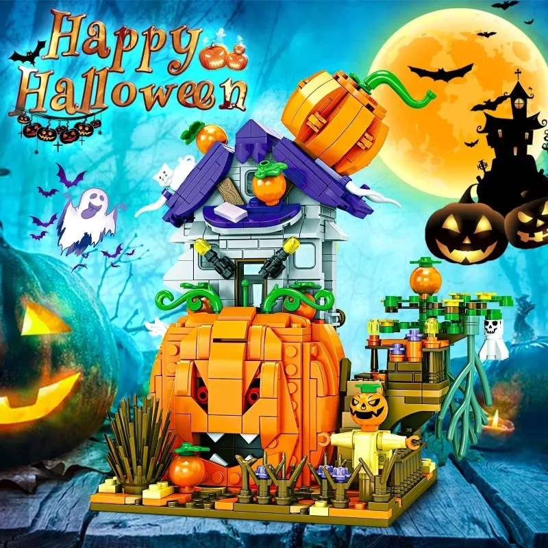 Halloween Set blok bangunan kreatif, Kit Dekorasi Rumah labu rumah hantu Halloween, hadiah pesta ulang tahun