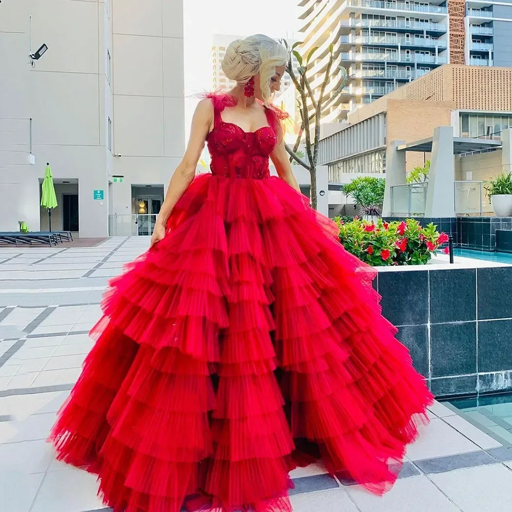 

Red Graduation Dress Prom Gown 2024 Lace Tiered A-Line Floor Length Princess Formal Occasion Dresses robes de soirée Fashion