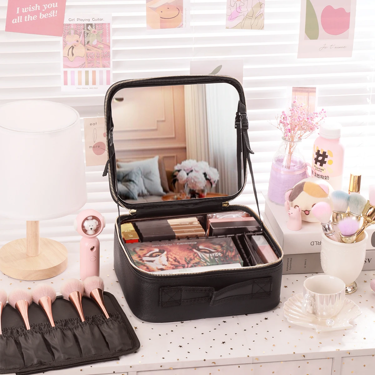 

Дорожная сумка-органайзер для макияжа большой вместимости — портативный органайзер для косметики и туалетных принадлежностей с разделителями, зеркалом и держателем для кистей