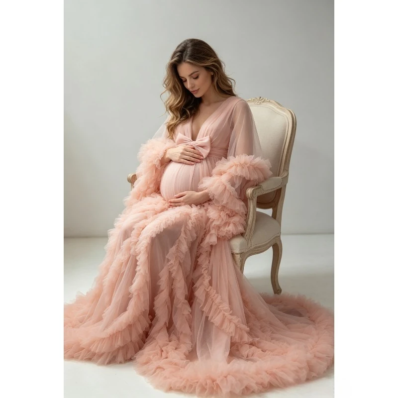 Ruffle Tulle Maternity Robe with Deep V Flounce Sleeve & Long Train – Adjustable Waist Sheer Gown for Bridal Photoshoot
