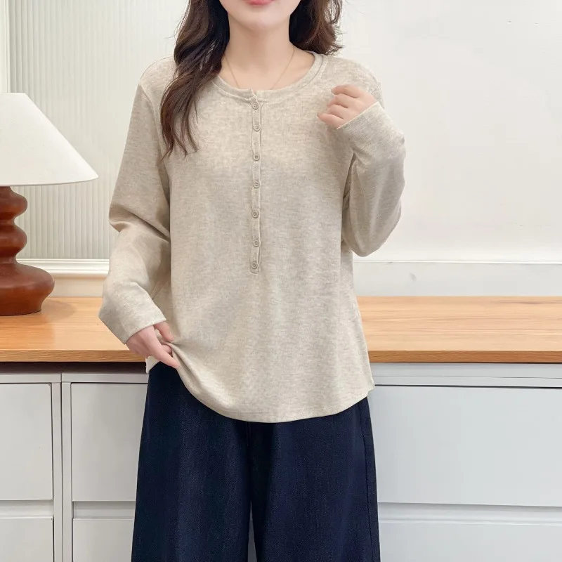 Women Minimalist Henley Neck Long Sleeve Top Autumn Winter Hide Belly Slim Base Shirt