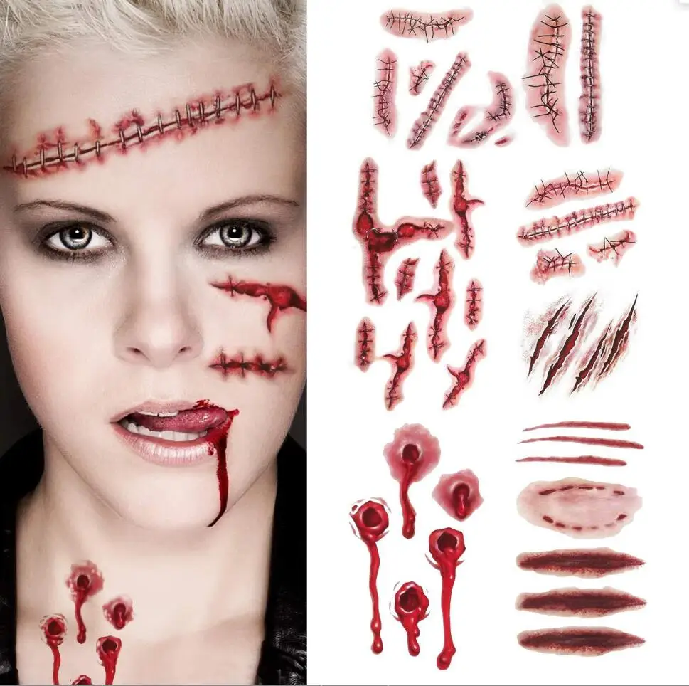 

2pcs Halloween Bloody Wound Tattoo Stickers Trick Scary Waterproof Temporary Tattoo DIY Fake Tattoo Party Decoration T2264