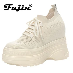 Fujin 11cm Air Mesh Sock Knitted Platform Wedge Flats Hollow Chunky Sneaker Breathable Comfy Women Sandals Slides Summer Shoes