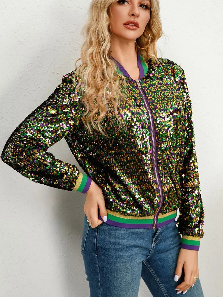 Luxury Sequined Zip Up Rainbow Striped Coat Shiny Beaded Bomber Jacket Club Dance Streetwear Drop Shoulder Cardigan Tops Abrigos