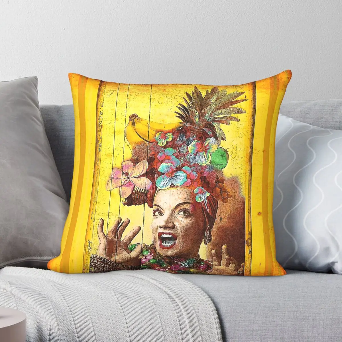 Capa de almofada quadrada tropical Carmen Miranda, poliéster, linho, veludo, estampada, com zíper, capa de almofada decorativa para casa, 45x45
