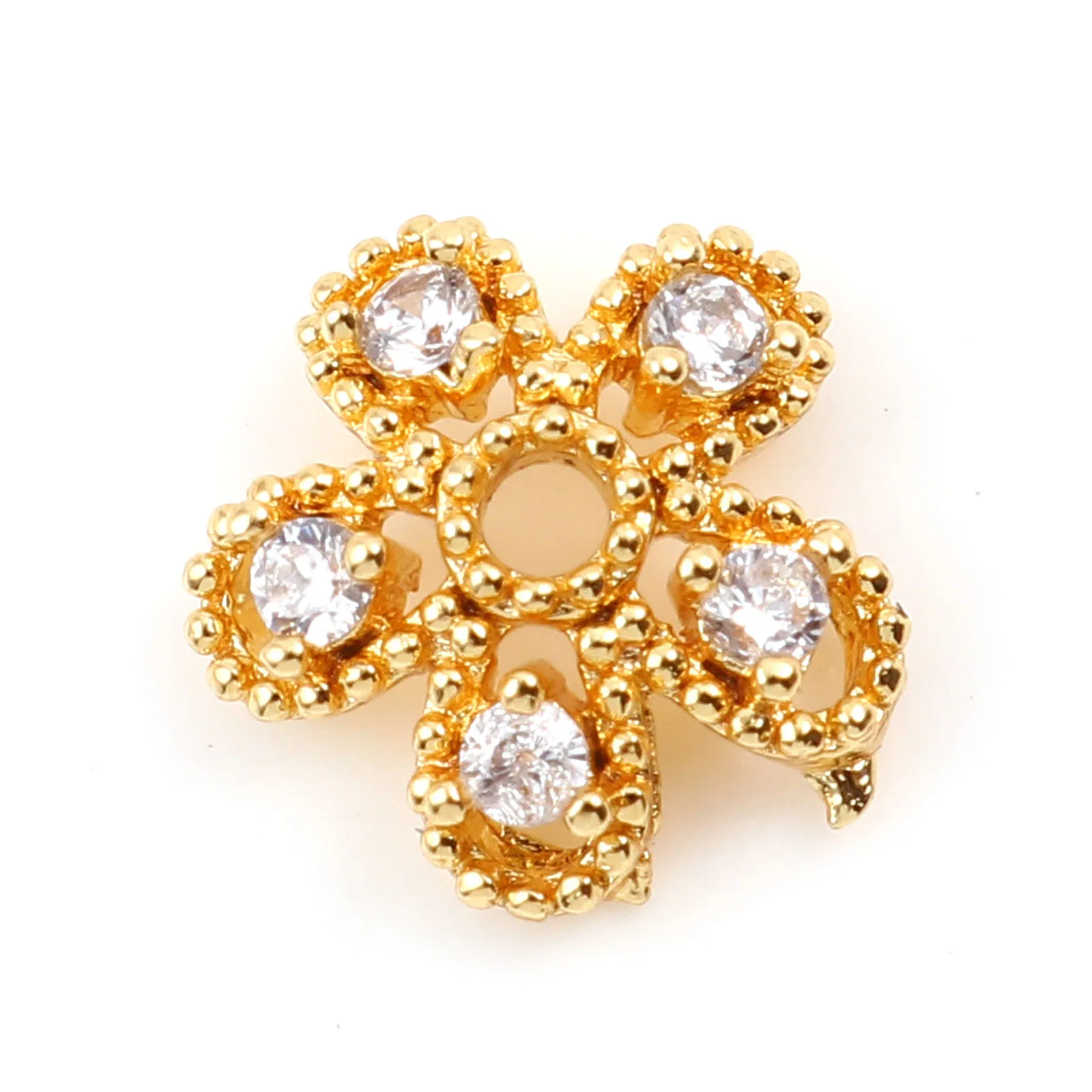 3 PCs Copper Beads Caps Gold Color Flower Hollow Clear Rhinestone (Fit 10mm Bead) Jewelry Findings 8.5mm x 8.5mm