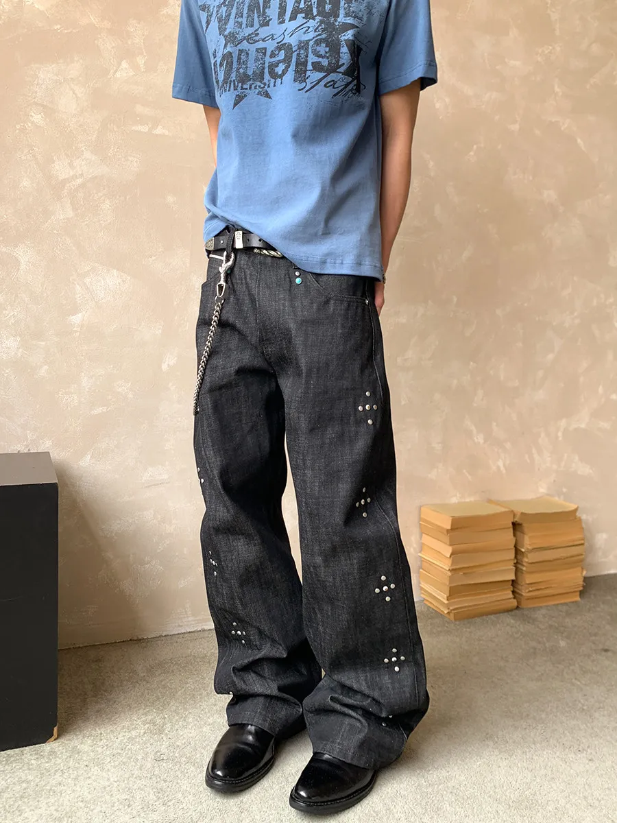 Retro Heavy Duty Black Ox Original Denim Jeans Loose Straight Leg Men Women Cleanfit High Street Style with Rivets Unisex