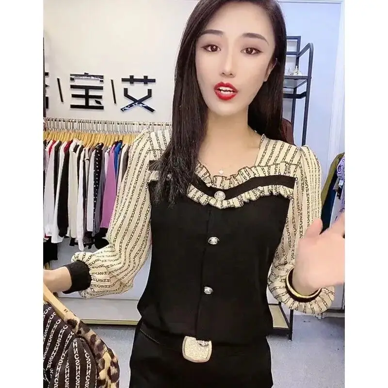 2024 Spring Autumn New Fashion Versatile Western T-shirt Splicing Button Square Mouth Collar Design Long Sleeve Base Shirt