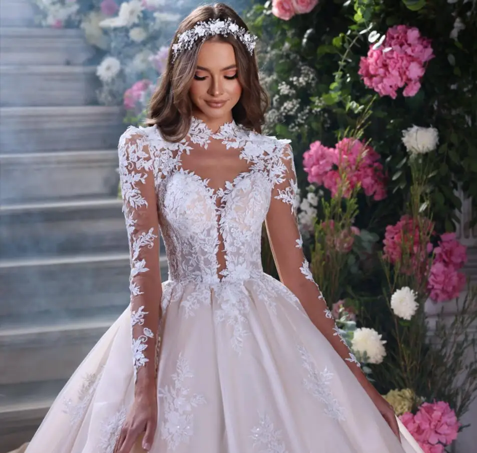 Robe De mariée en dentelle Champagne royale, manches longues, épaulettes, Vintage, traîne, 2023