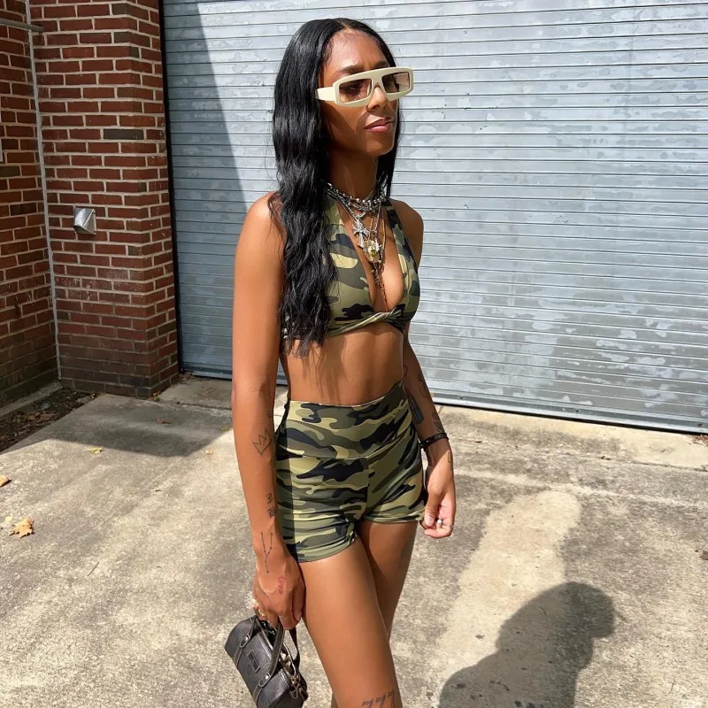 Camouflage Women 2 Pieces Set 2024 Summer New Sleeveless Halter Lace-up Crop Top High Waist Shorts Party Club Streetwear