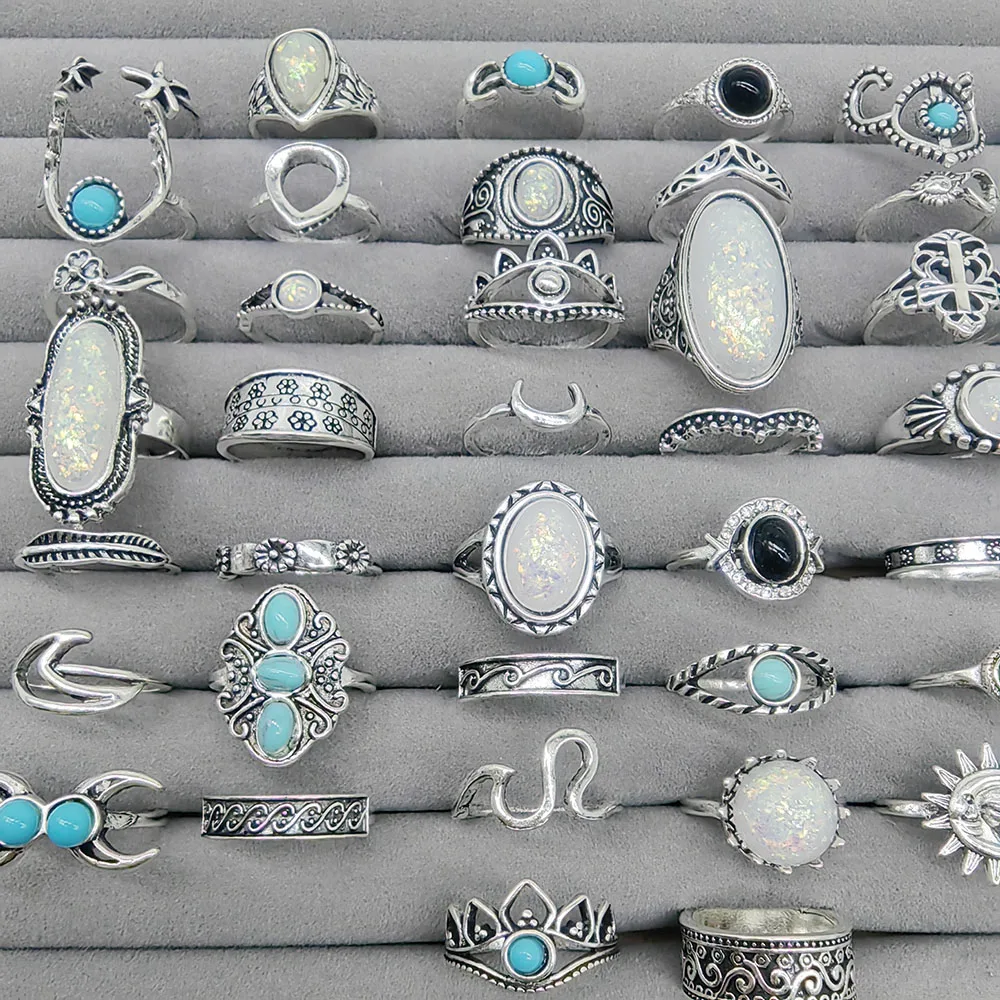 50 Stück/Los Großhandel Mix-Style Vintage Bohemia Blaue Steinringe für Frauen Opal Schwarzes Acryl Blumendesign Fingerschmuck Party – Detail 5