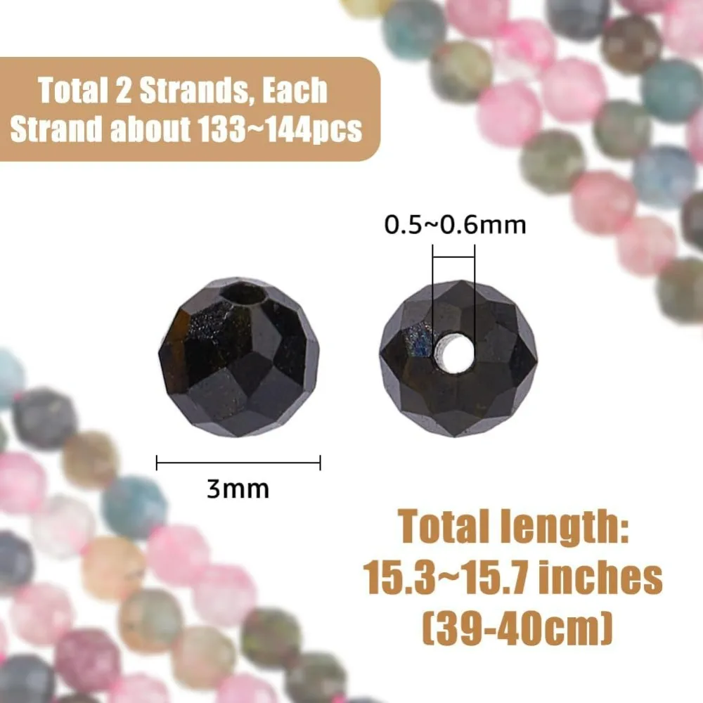 2 Strands 3mm Faceted Natural Tourmaline Beads Round Loose Gemstone Mixed Color Spacer Beads for DIY Necklace