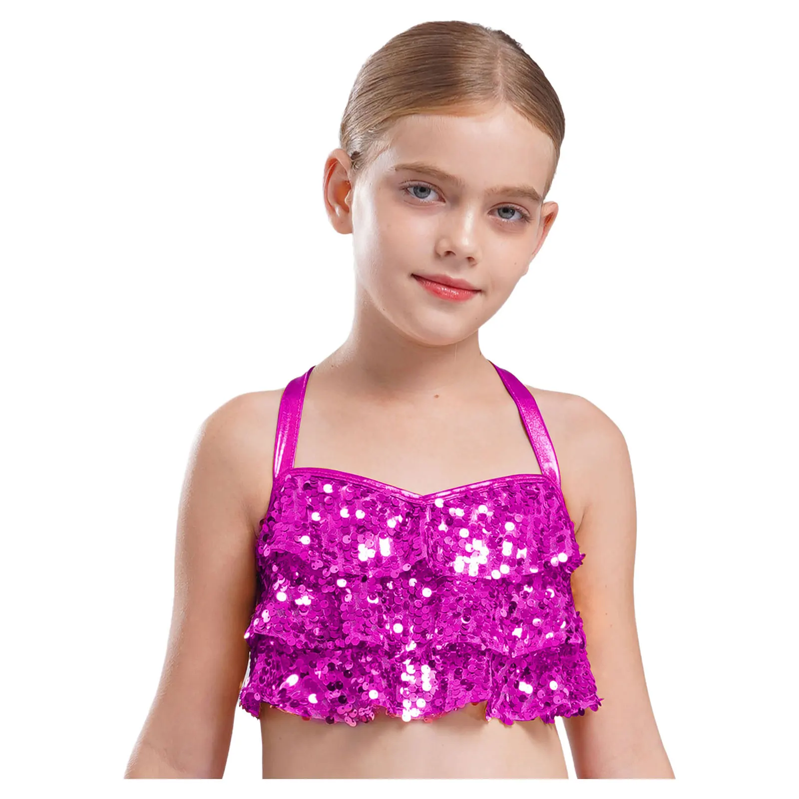 Kinder Mädchen Jazz-Sets mit metallischen Pailletten, glitzerndes, gestuftes Rüschen-Crop-Top mit überkreuztem Rücken und Culottes für Performance-Tanz