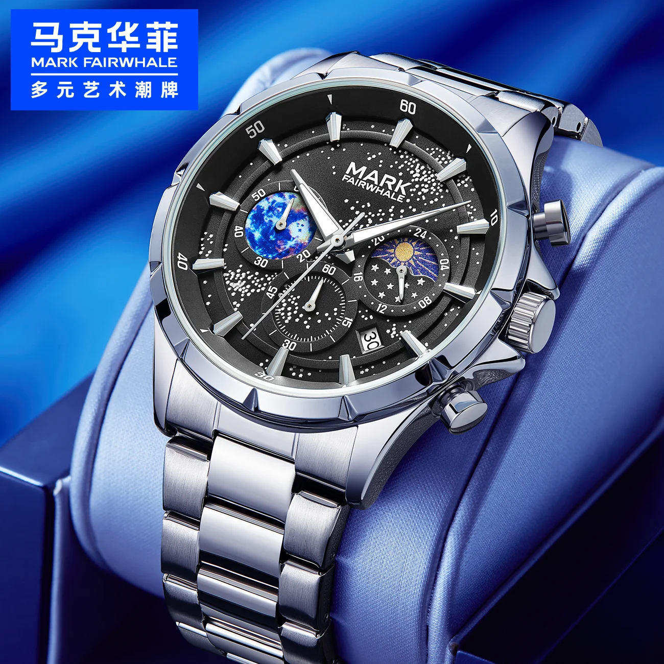 Mark Fairwhale Luxury Fashion Watch for Men Luminous phase Moon Quartz Clock Stainless Steel Business Man WristWatch Reloj 2024