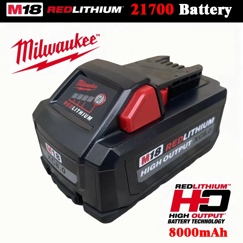 

21700 Red lithium battery Milwaukee M18 Battery 18V 8.0Ah XC Rechargeable Lithium Battery Replacement for 48-11-1880 48-11-1850