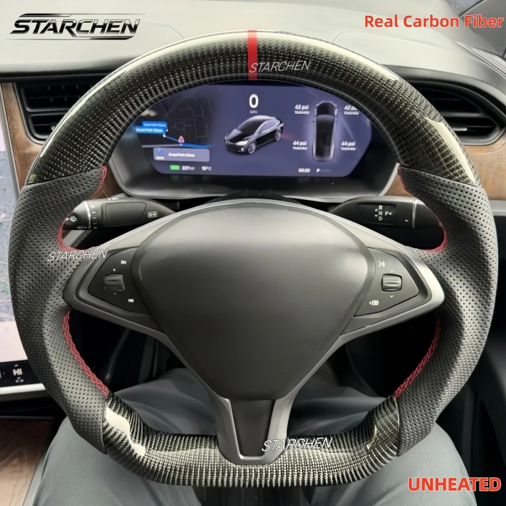 Real Carbon Fiber Steering Wheel for Tesla 2016-2020 Model X 2014-2020 Model S Perforated Leather Grip
