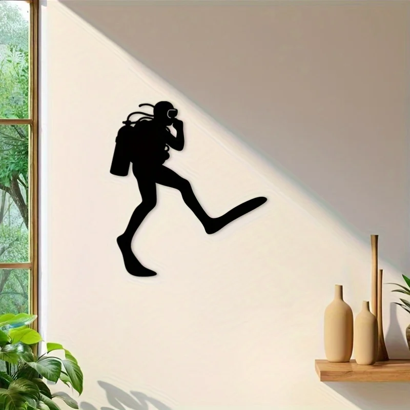 CIFBUY Wrought Iron Scuba Diver Wall Art, Dynamic Silhouette Metal Wall Decor, Black Cutout Decor for Man Cave Patio, Nautical O