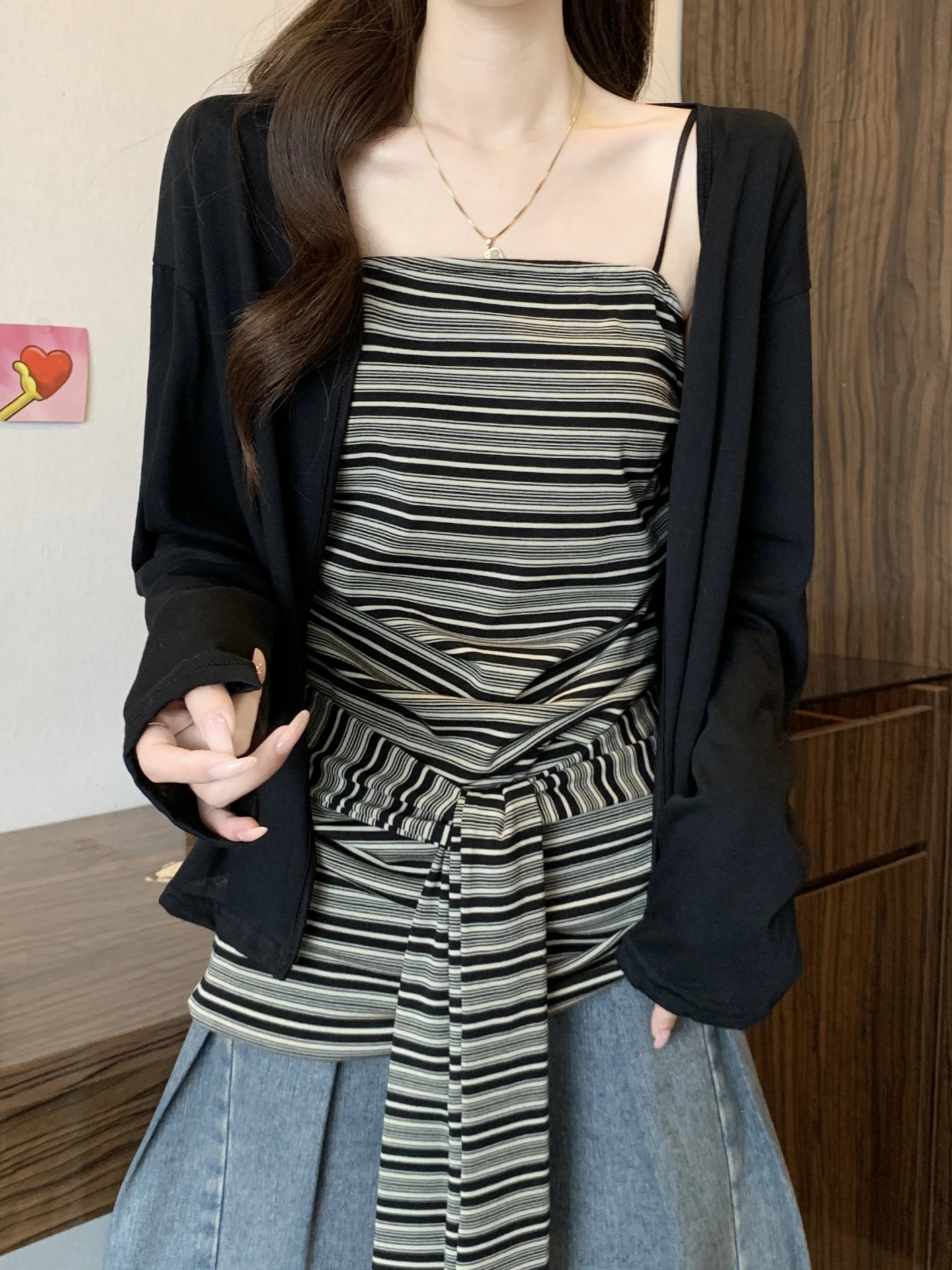 

Summer Women's plus Size Fashionable Slimming Sun Protection Cardigan Tank Top Set Pure Desire Style Long Sleeve V-Neck Cotto...