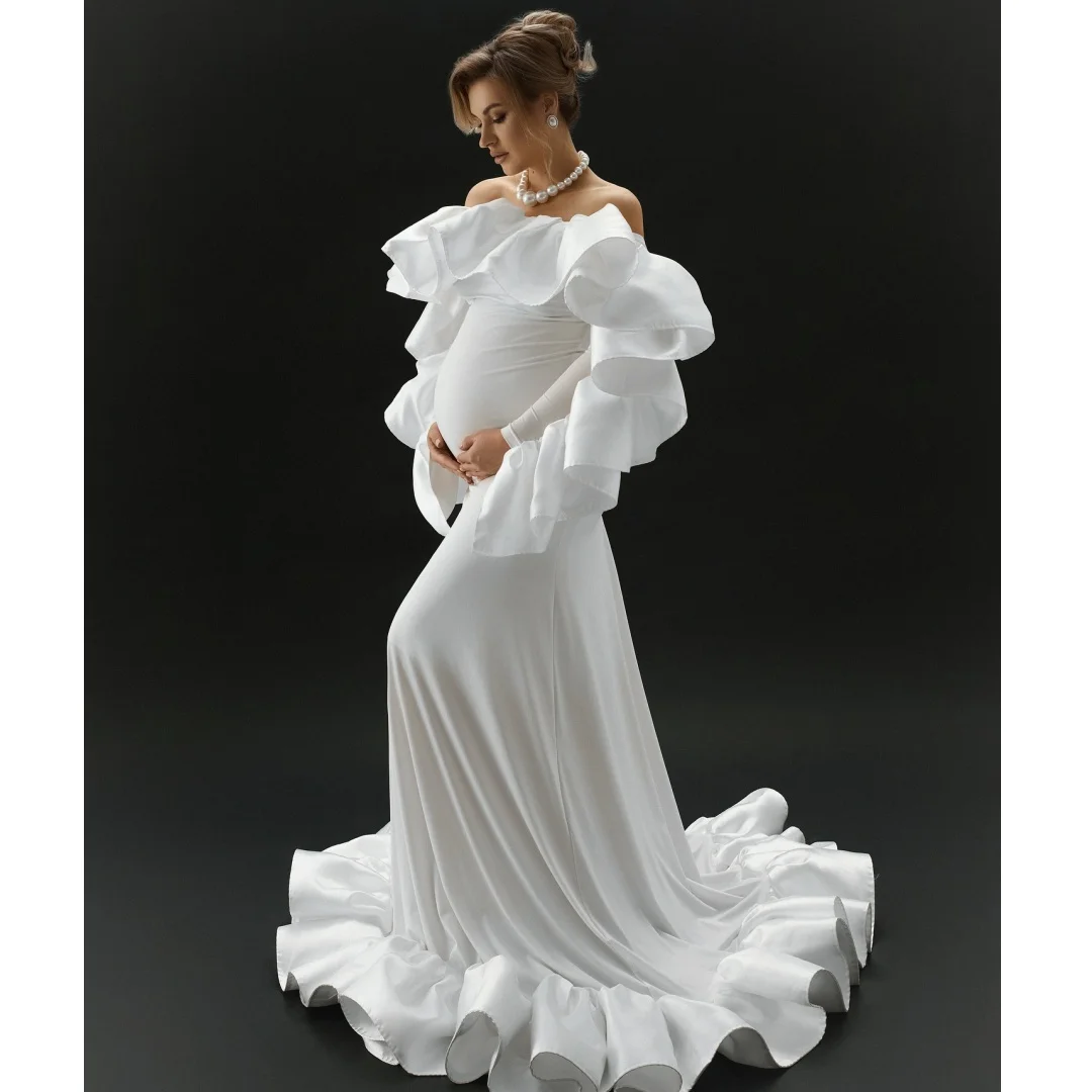 

Elegant White Prom Dresses Ruffles Train Long Sleeves Maternity Photoshoot Dress Customized Off Shoulder vestido de novia