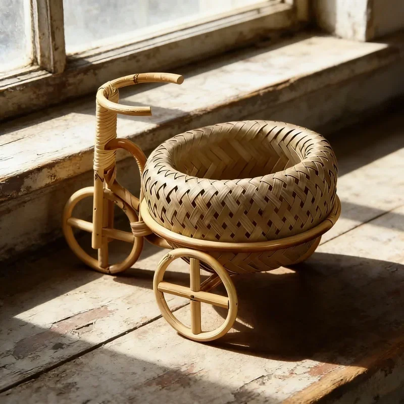Bamboo Rattan Bicycle Small Basket Handmade Newborn Baby Photography Props Home Living Room Decoration Ornament Multi Purpose