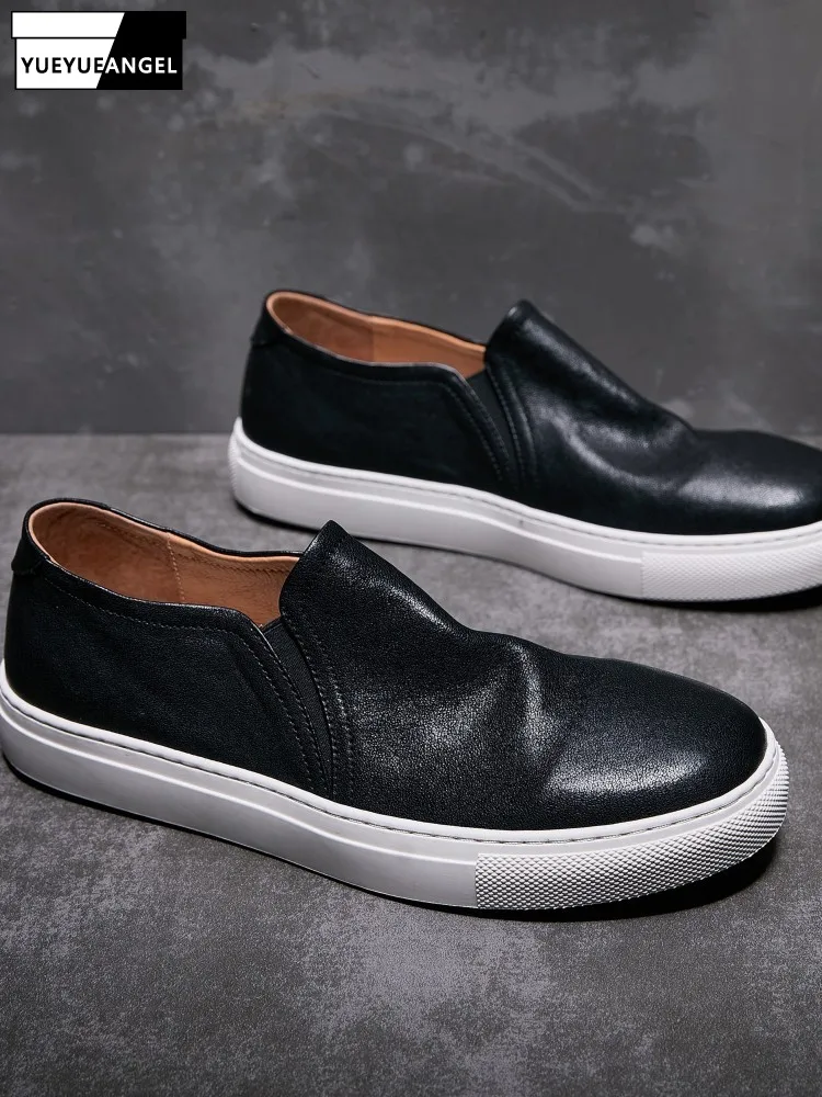 Concise Horsehide Round Toe Platform Slip On Male Casual Shoes Handmade Genuine Leather Solid Color Height Increase Loafer