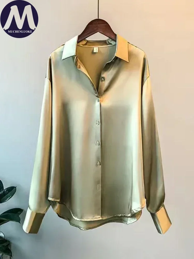 

Women's Shirt Spring Autumn New Fashion Satin Fabric Polo Collar Versatile Shirt Elegant Casual Loose Office Long Sleeves Tops