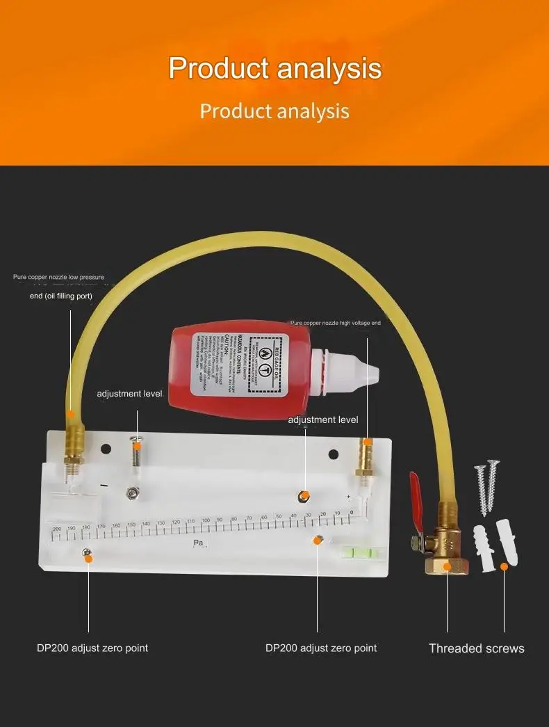 0-200PA inclined micro pressure gauge, civil air defense ventilation pressure measuring device, red oil differential pressure