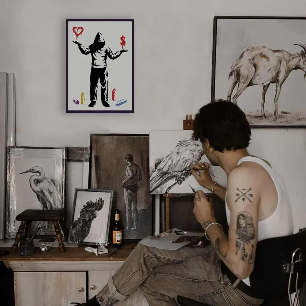 Reutilizável Banksy Stencil, Homem Desenho Padrão, Decoração Stencil, Amor ou Dinheiro, 11,7x8,3"