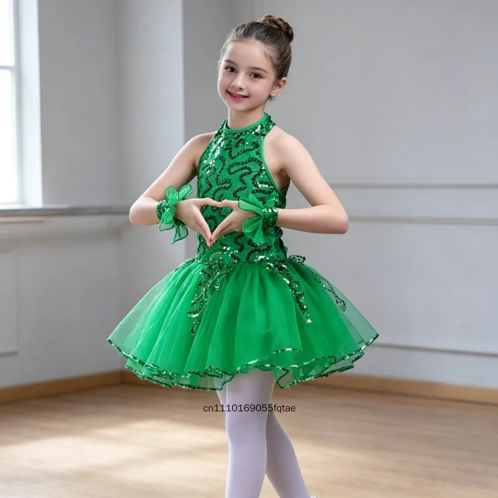 Girls Green Puffy Princess Ballet Dance Dress Kids Modern Stage Performance Costume Children Professional Tutu Dancewear Show