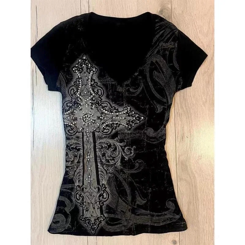 Zwarte Letter Goth Sexy Gothic Grafisch T-shirt Vintage Dames Jaren '90 Kleding Y2k Crop Top Streetwear T-shirts Subcultuur Tees Punk