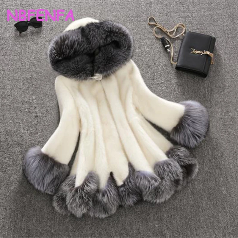 NBFENFA Women's Faux Fur Coat Winter Warmth Fake Fur Coat with Hooded Fashion Artificial Fur Jacket Fluffy Vestidos Elegantes